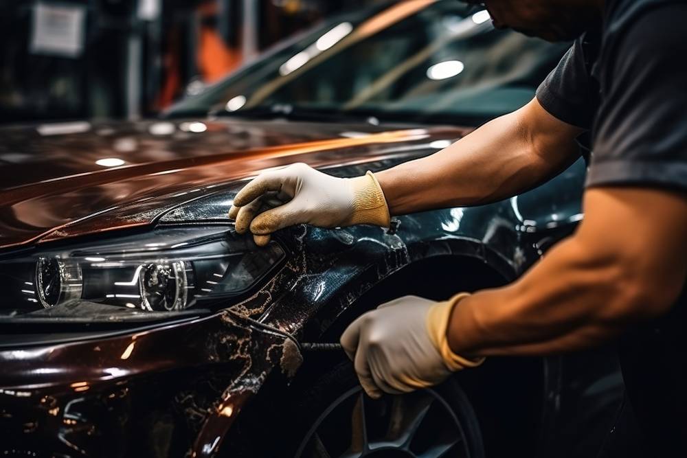Automobile Repair Home Auto body repairman fixes a car damaged in an accident or collision
