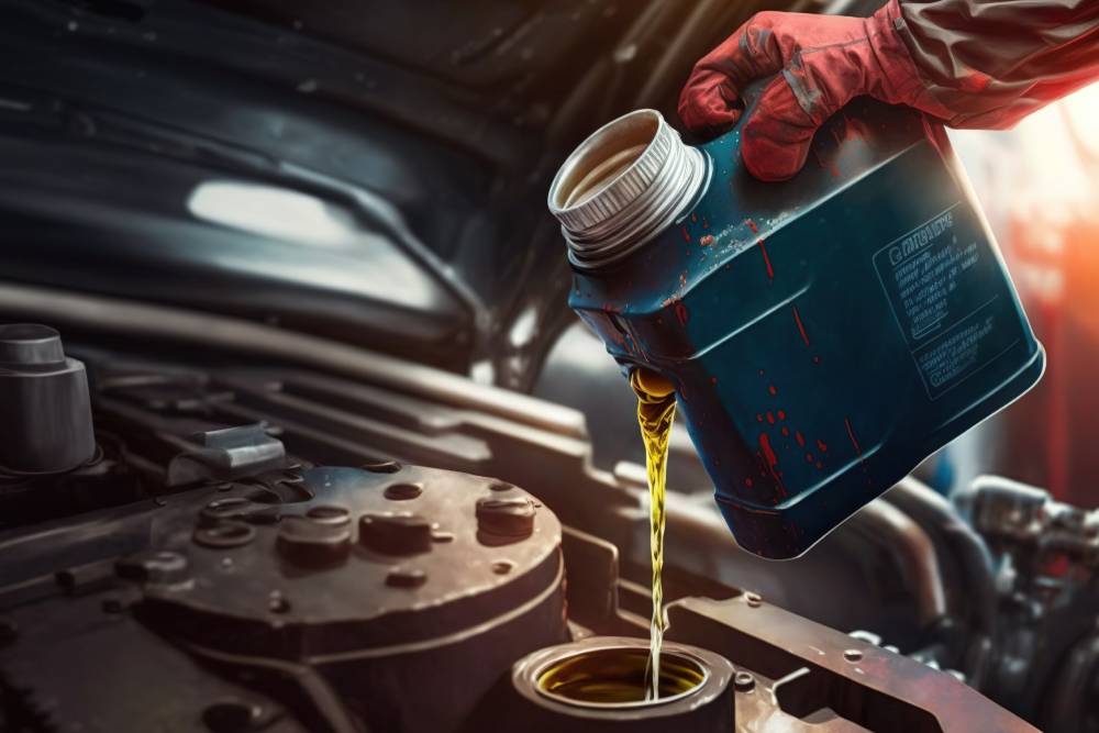 Oil Changes Home A mechanic refills the engine oil of a car